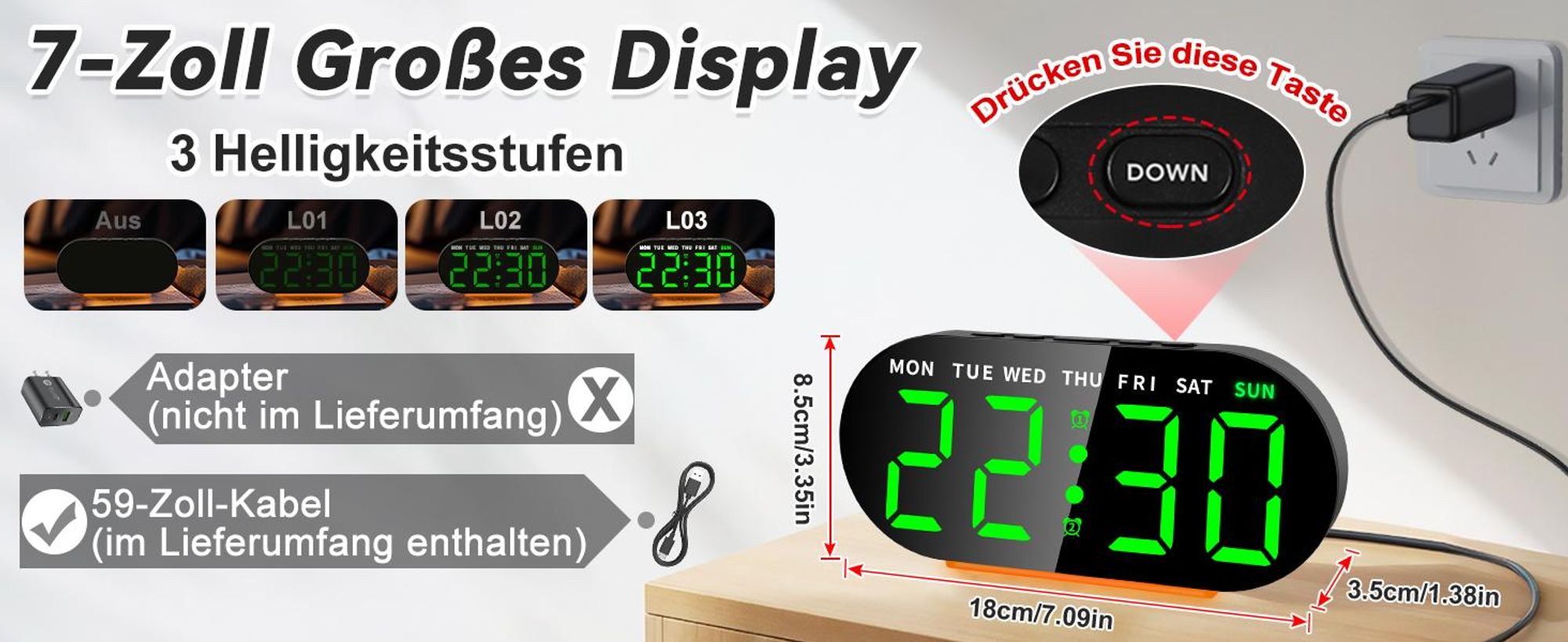 Digitaler Wecker, LED Wecker, Digitalwecker, Doppelwecker, Nachtlicht, Einstellbarer Helligkeit, USB oder Batteriebetrieb