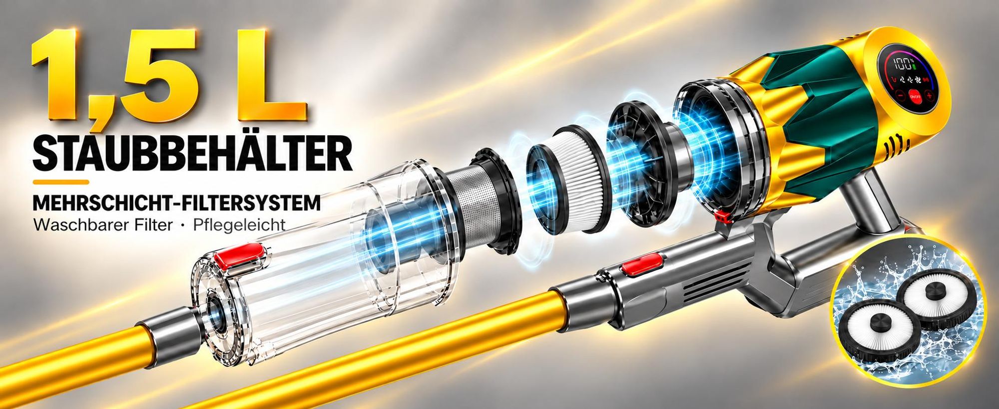 80000Pa Akku-Staubsauger 750W/80 Min., kabelloser Hand- und Stielstaubsauger, ultraleise, Smart-Display, leicht, Anti-Verwicklung für Tierhaare & Auto