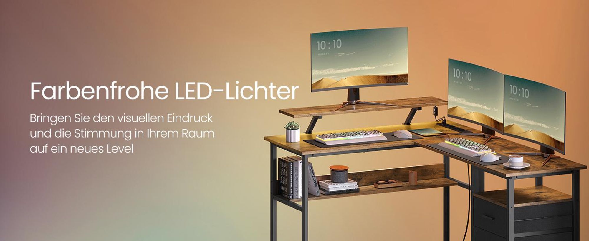 VASAGLE Schreibtisch, L-förmiger, mit Steckdosen, LED-Beleuchtung, USB-Anschlüsse