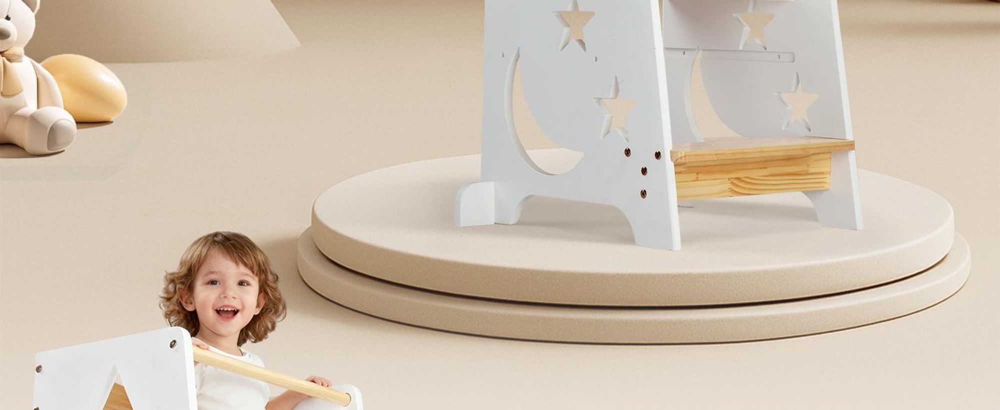 FCH Lernturm Für Kinder, Montessori Lernturm,Kinderhocker, einteilig, 40×45×90cm, Fichtenholz + MDF, Mond-Stern-Muster, Weiß