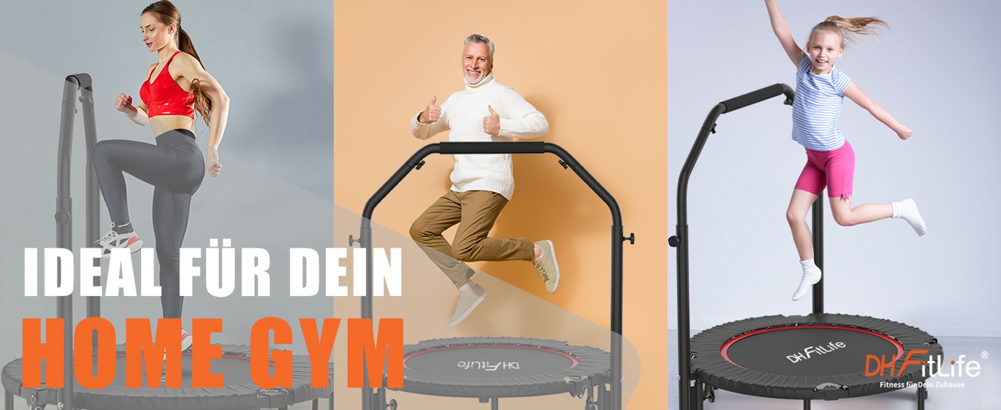 DH FitLife Fitness-Trampolin klappbar Ø102cm 40 Zoll - 150kg max, 4-fach verstellbarer Griff & stabil/leise für Kinder/Erwachsene (ohne Installation)