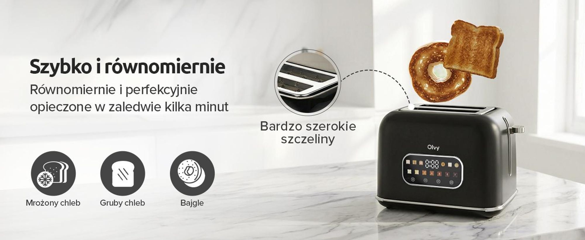 Toster Olvy, ekran dotykowy z timerem, 7 stopni opalania, bardzo szerokie szczeliny, 6 programów, w tym bagel i gofr, funkcja rozmrażania i podgrzewania, czarny