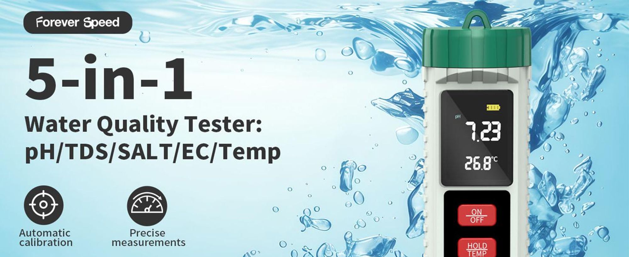 Pool Messgerät 5 in 1 pH Wert Messgerät, pH/EC/TDS/Salzgehalt/Temperatur Hohe Präzision Wassertester mit VA-Display, für Pool,Trinkwasser