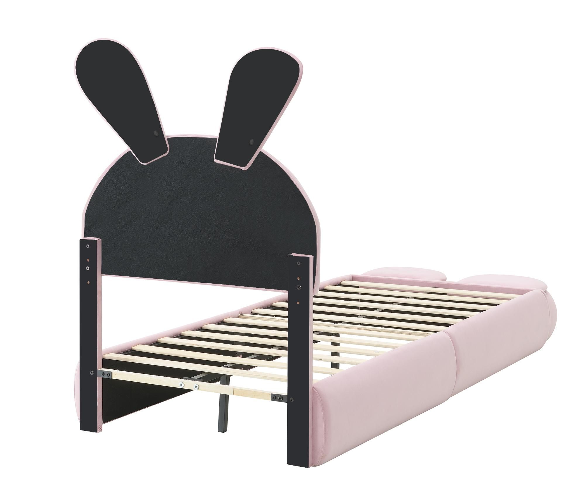 Merax Polsterbett 90x200 cm mit LED-Hasenohren und Holzlatten, Doppelbett mit Stauraum und 2 Aufbewahrungshockern, Samt Pink