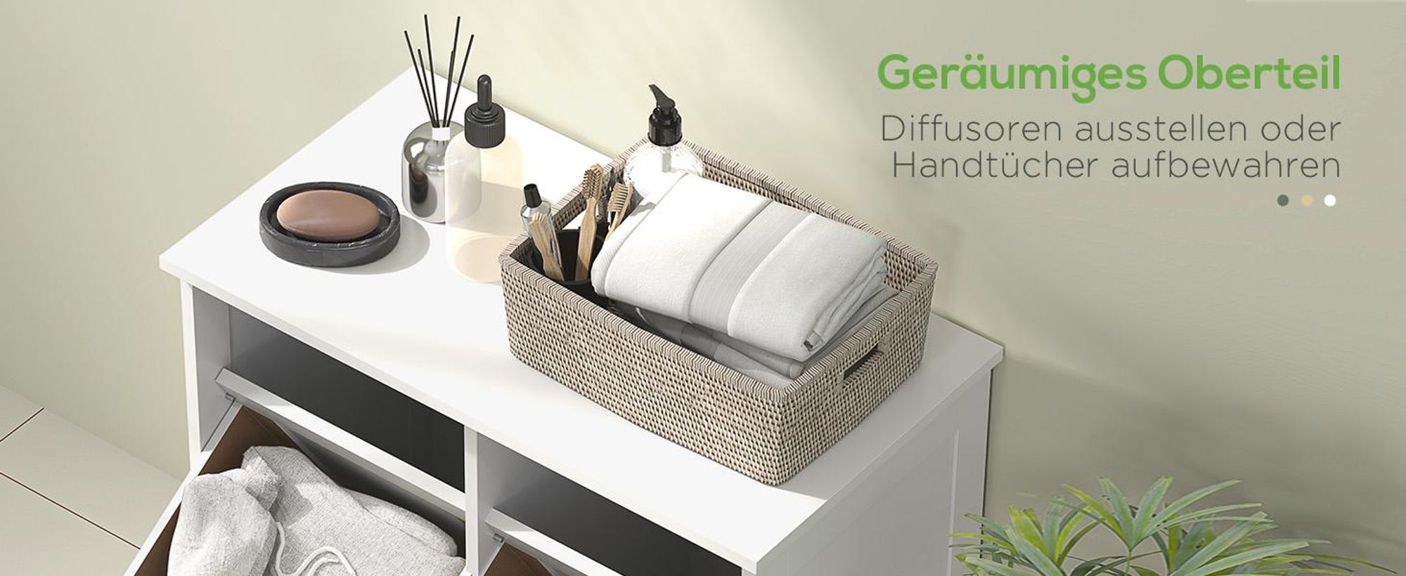 HOMCOM Wäscheschrank, Badschrank mit 2 Wäschekörben, Griffen, Lamellentüren Weiß