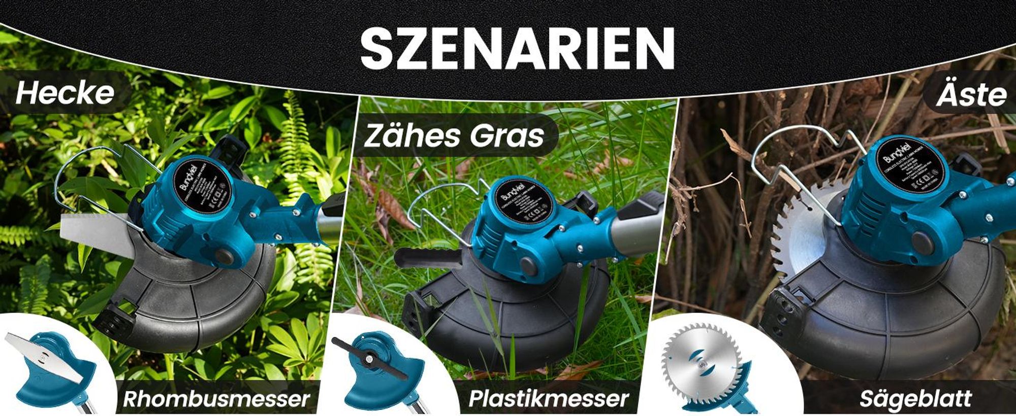 1200W Akku Rasentrimmer mit 2× 4000mAh Akku 21V, Bürstenloser Motor Rasentrimmer Freischneider mit Akkus & Ladegerät