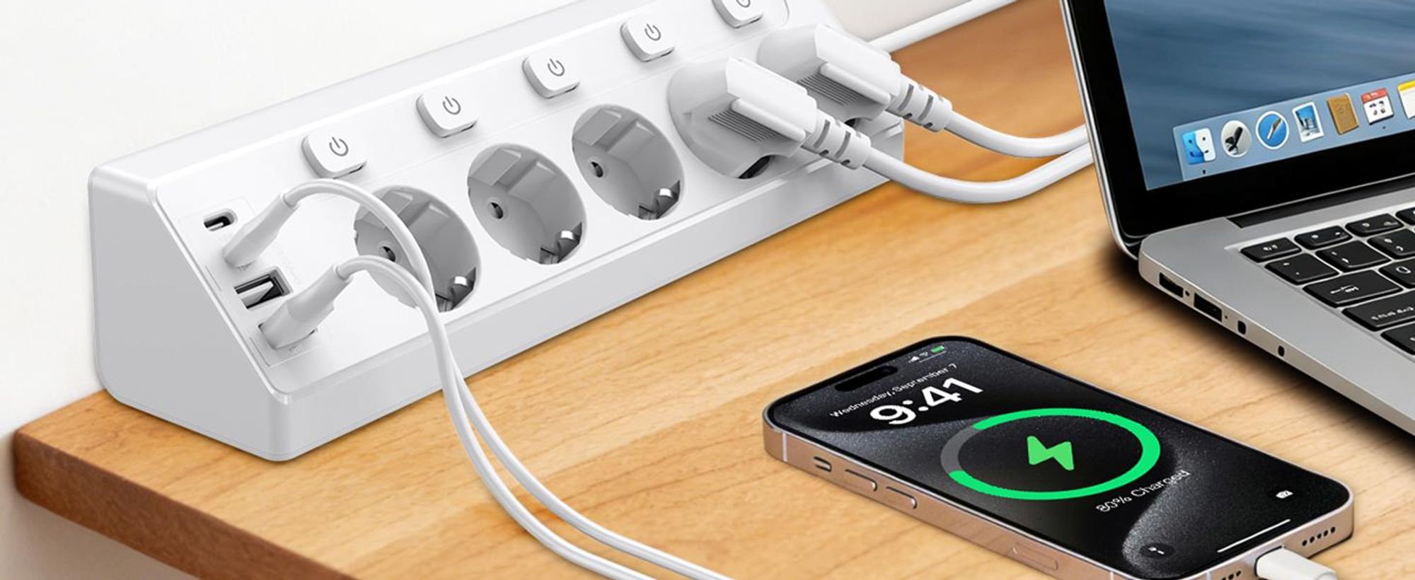 Steckdosenleiste, Steckdosenadapter, EU Steckdose, 5 Fach Mehrfachstecker, Verteilersteckdose, Tischsteckdose, mit 4 USB+2 USB C,2M Verlängerungskabel