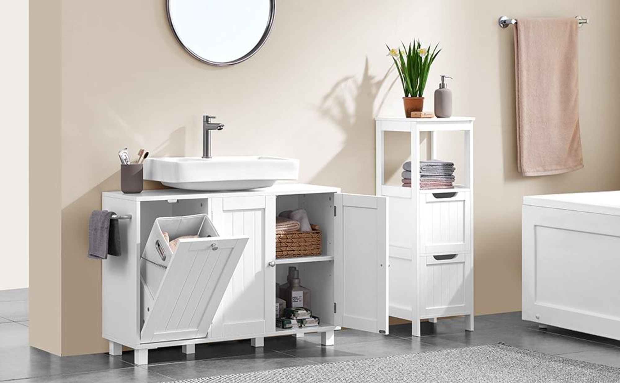 Yaheetech Waschbeckenunterschrank mit Wäschekorb, Badezimmerschrank, 3 Türen, Unterschrank für Bad, Weiß