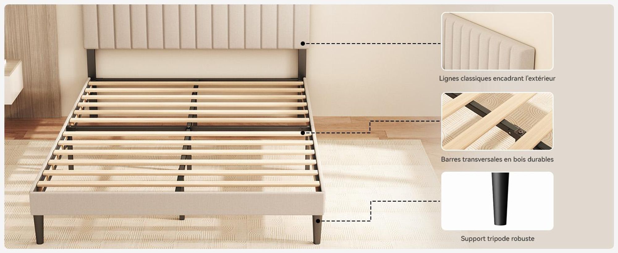 Lit rembourré 140 x 190 cm, sommier avec tête de lit réglable en hauteur et lattes, cadre de lit robuste, jusqu'à 500 kg, lit rembourré, beige