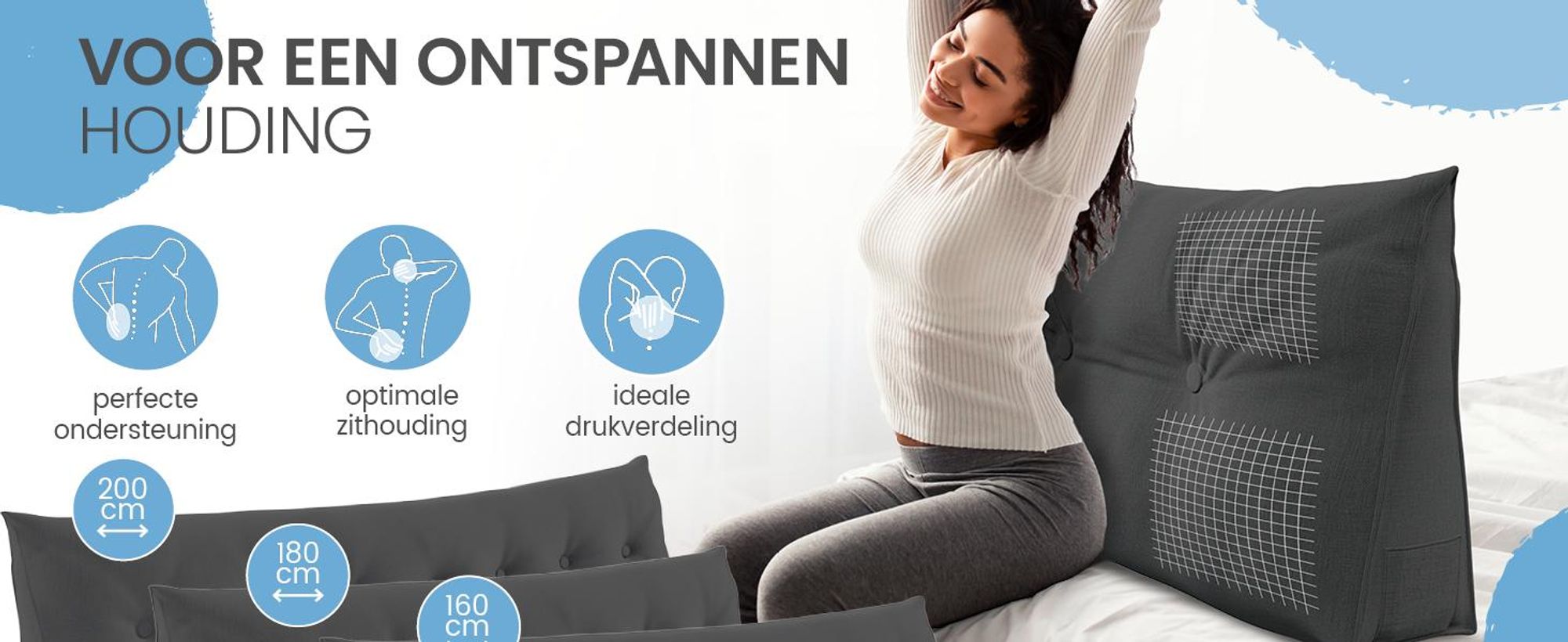 ELONEO rugkussen, 90 cm breed, geschikt als keilkussen voor bed en bank, driehoekig leeskussen, kussen met afneembare en wasbare hoes