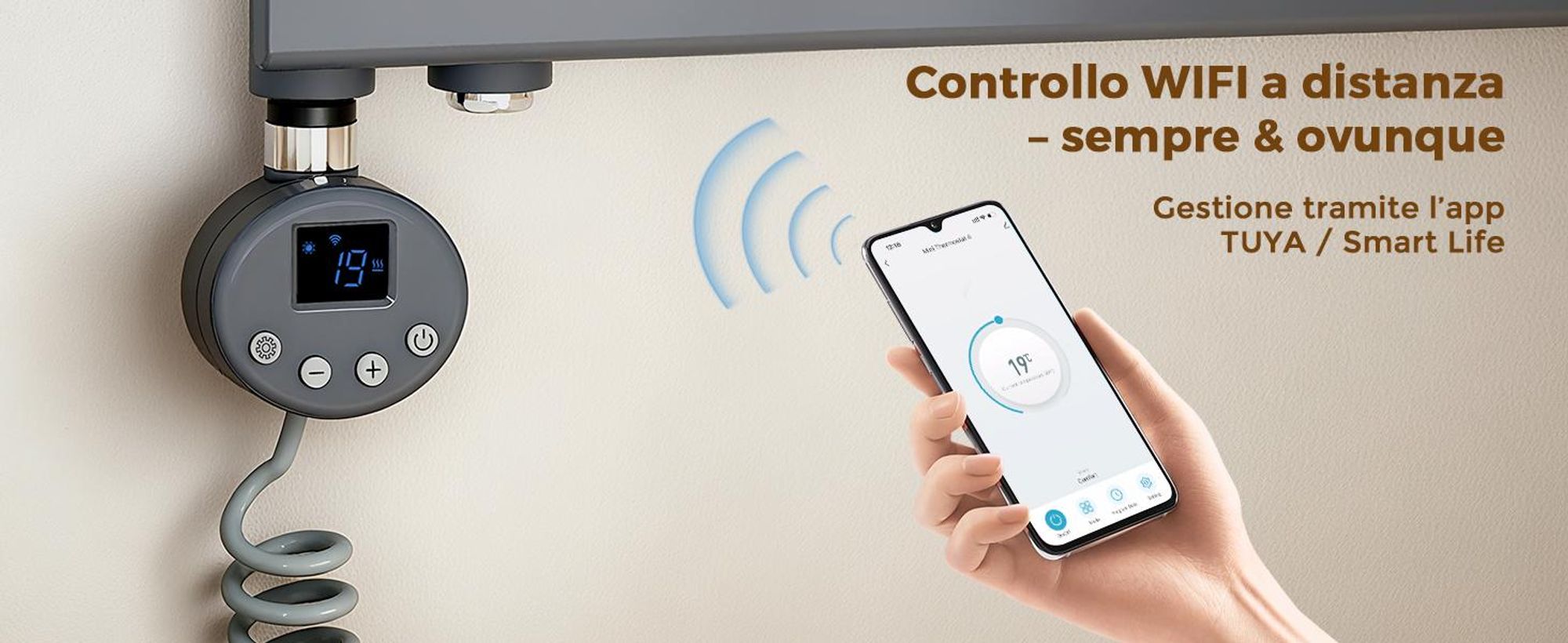 S'AFIELINA elemento riscaldante con termostato 300W, timer programmabile e display LCD, WiFi, per radiatori da bagno, acciaio inox, controllo intelligente, antracite