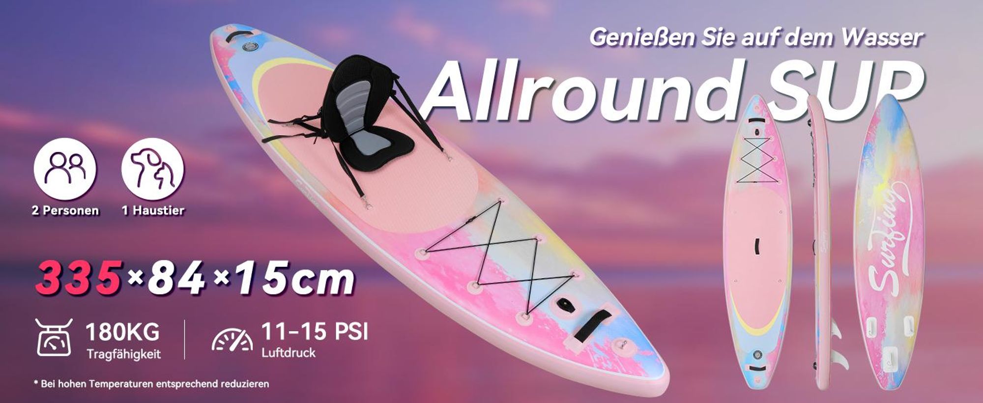 Puluomis SUP Board mit Sitz 335cm, Stand Up Paddle Boards Set, Paddling Paddelboard Surfbrett Aufblasbar, Pumpe Tragetasche, MB. bis 150Kg Pink Bunt