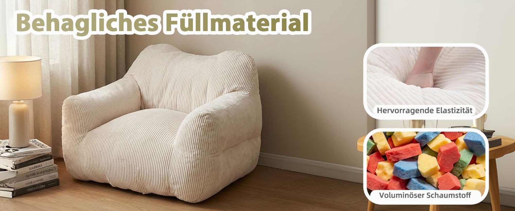 Übergroßer Sitzsack für Erwachsene, Füllung aus Schaumstoffflocken, flauschiges Bodensofa, quadratisch, Beige