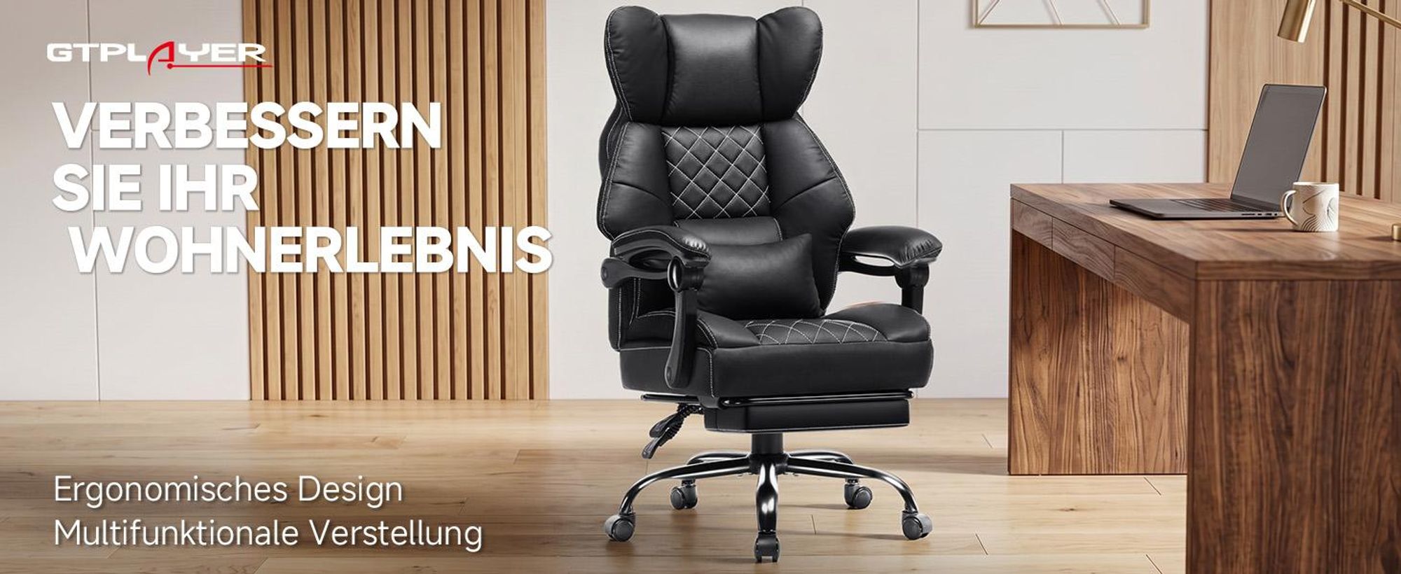 GTPLAYER Gaming Stuhl, Ergonomischer Bürostuhl mit Fußstütze und Lendenstütze, Hochlehner Chefsessel für Große, breiter Computersessel, Höhenverstellb
