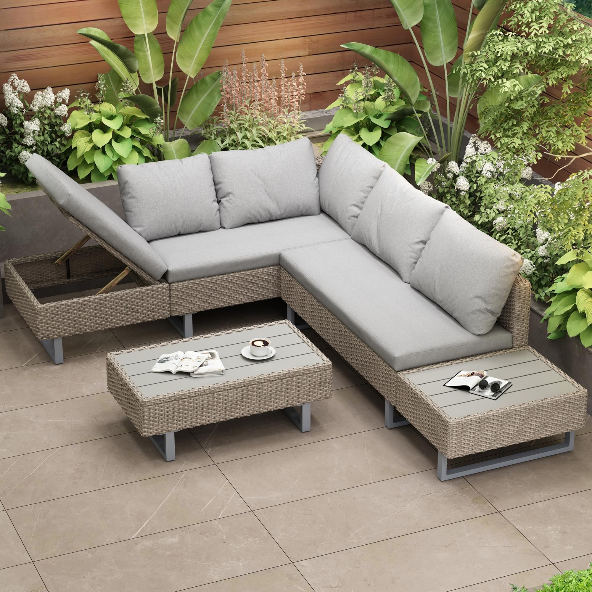 Flieks Rattan Gartenmöbel Set für 4-5 Personen, Balkonmöbel Terassenmöbel Set mit Gartentisch, Gartenlounge Set 3 Teilig, Verstellbar Sofa, Khaki