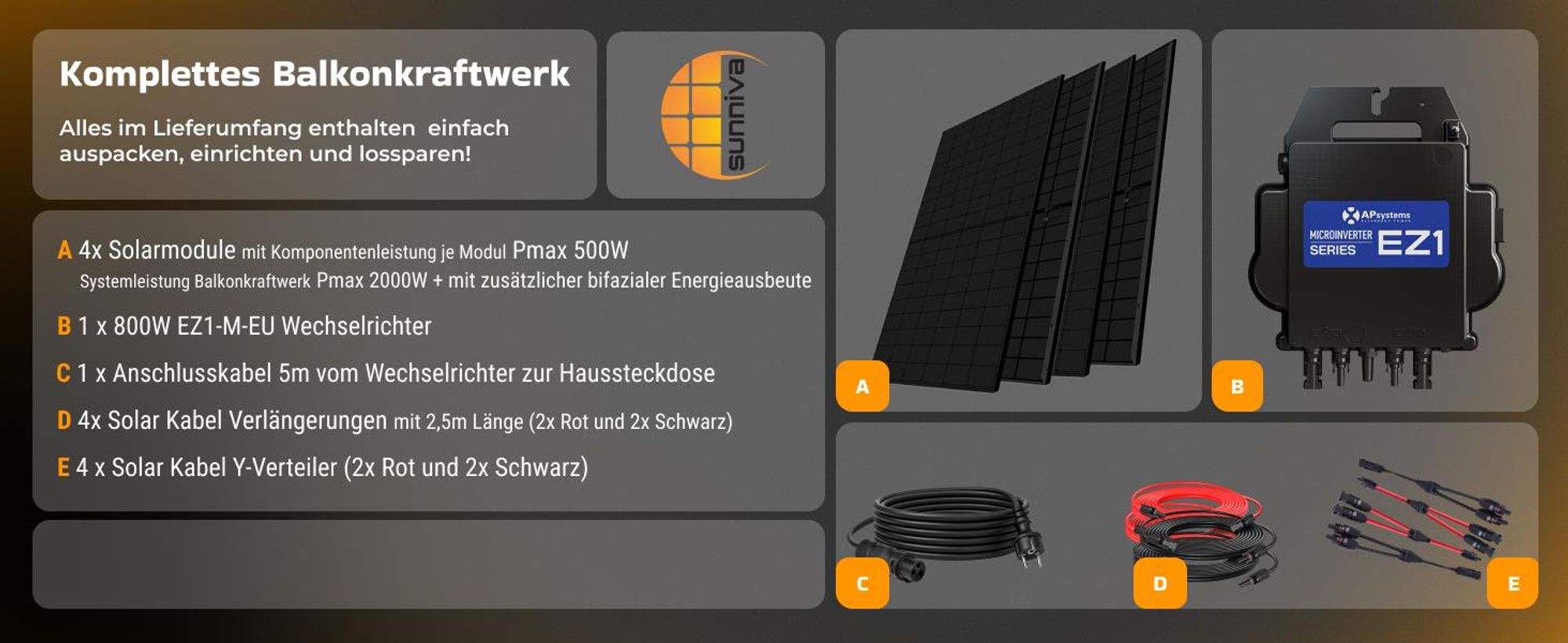 SUNNIVA® 2000W Balkonkraftwerk BIFAZIAL FULLBLACK komplett Steckdose AP Systems EZ1-M 800W Wechselrichter, Komplettset 4x 500W Solaranlage Solarmodule