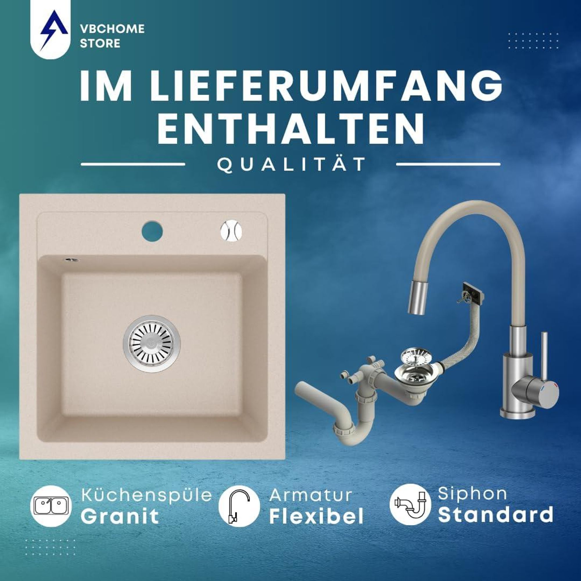 VBChome Granitspüle 44 x 44 cm Beige mit flexibler Armatur Einzelbecken Einbauspüle Gesprenkelt Pflegeleichtes Spülbecken mit Siphon