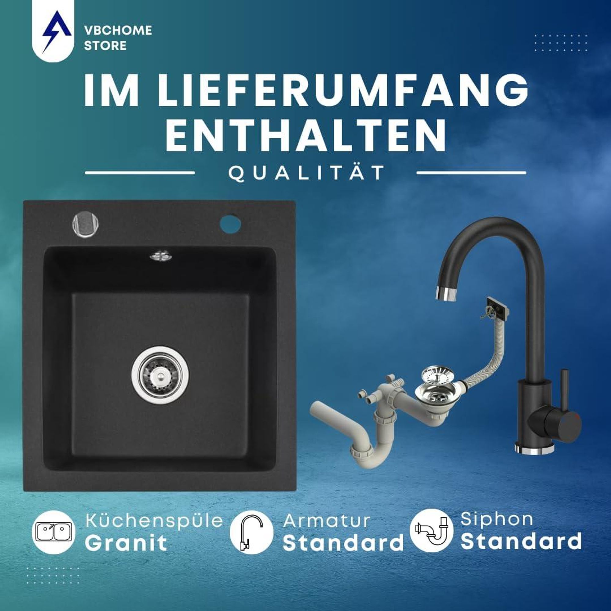 VBChome Granitspüle 50 x 48 cm Schwarz mit Armatur Einzelbecken Einbauspüle Gesprenkelt Pflegeleichtes Spülbecken mit Siphon Ideal für kleine Küchen