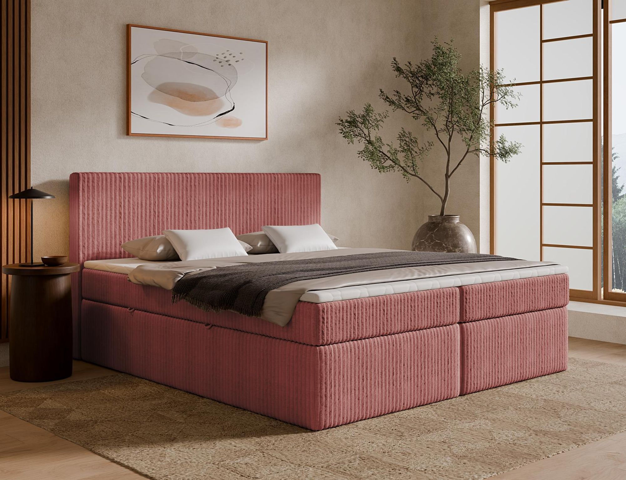 Boxspringbett TILIA ONE in Rosa mit hohem Kopfteil