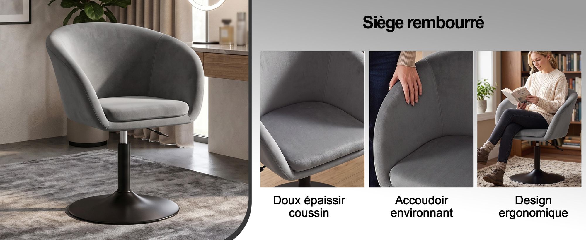 Duhome Fauteuil club Fauteuil cocktail en velours Fauteuil lounge réglable en hauteur Tabouret pivotant avec accoudoirs et dossier, gris