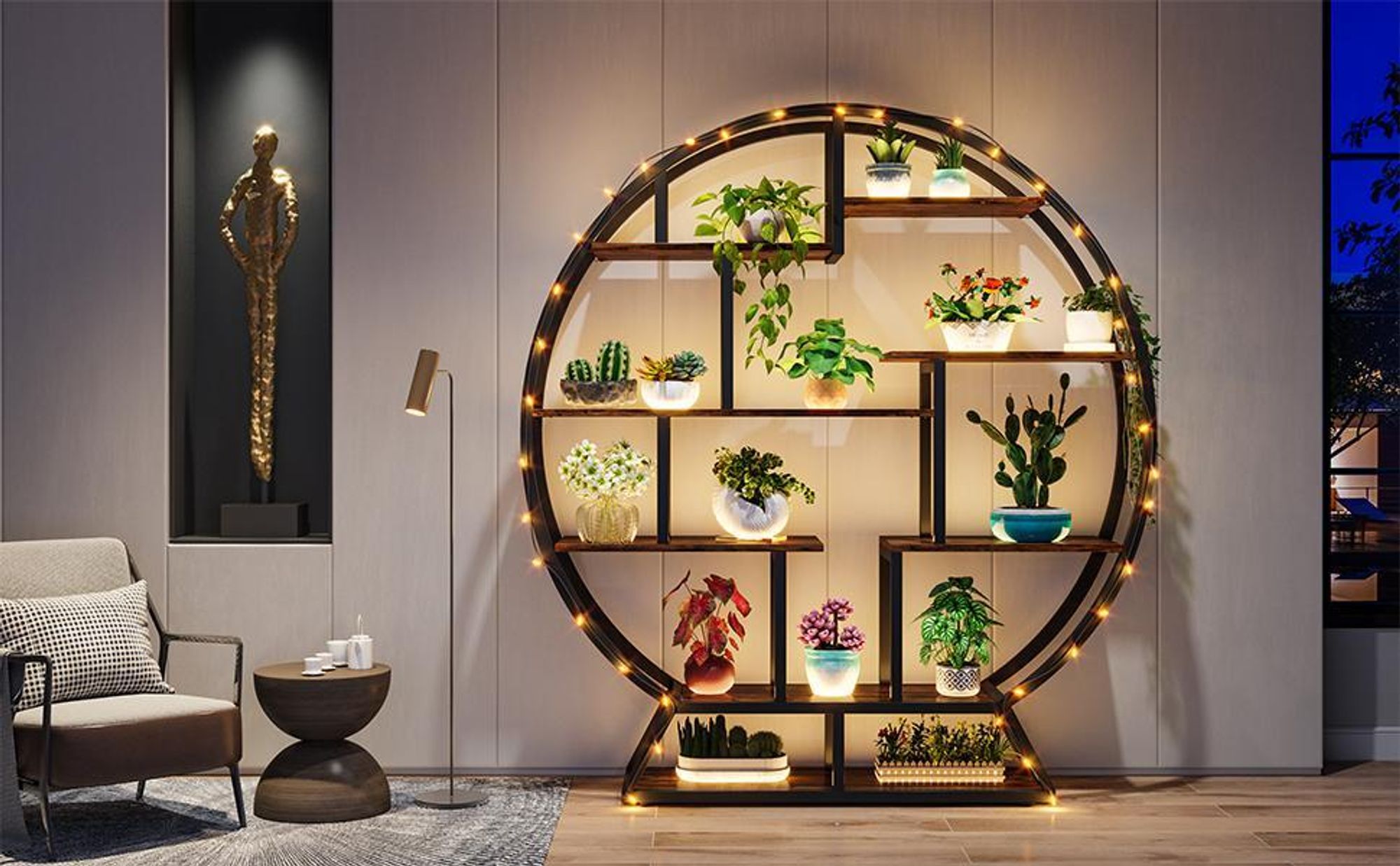 Tribesigns boekenkast, ronde boekenkast, etagerekast, 160 cm industriële houten boekenkast met verschoven planken, rustieke open kast