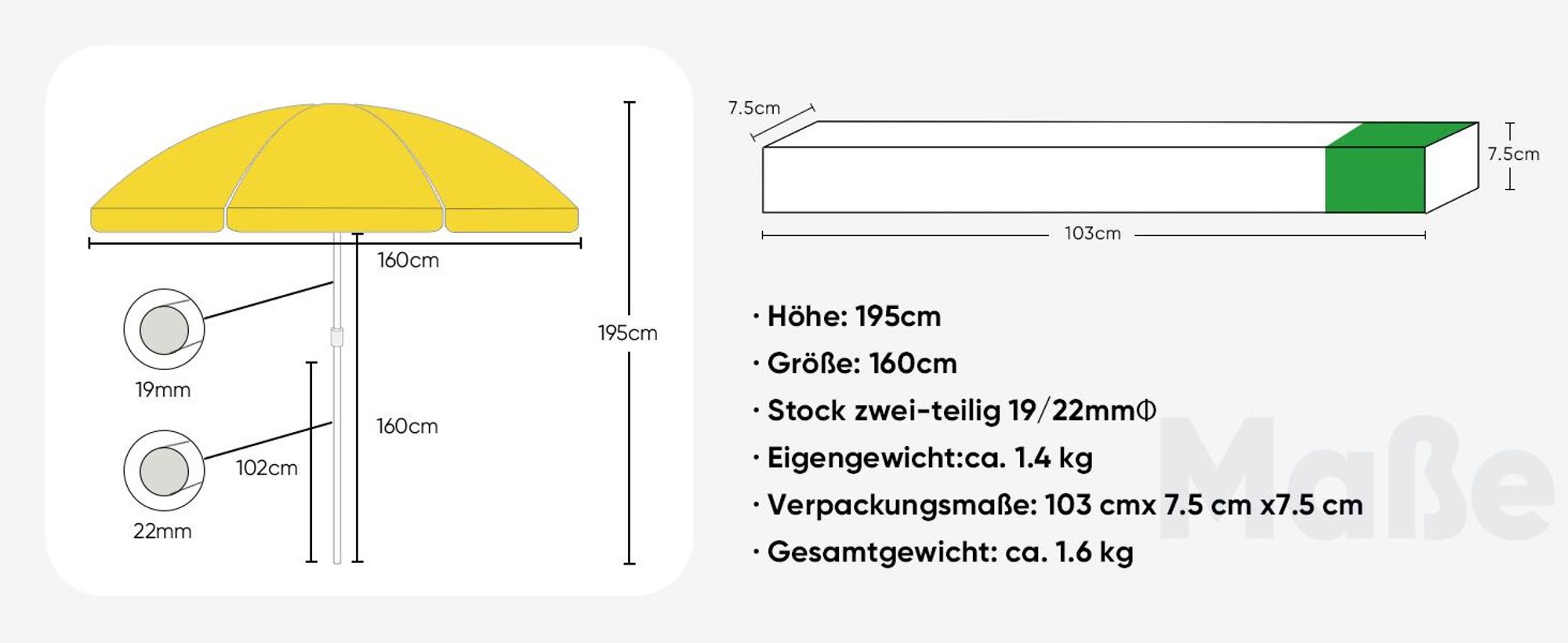 Sekey Sonnenschirm Rund Ø 160 cm Terrassen Gartenschirm Strandschirm mit kurbel & Schutzhülle Neigungswinkel und Höhe verstellbar, Gelb