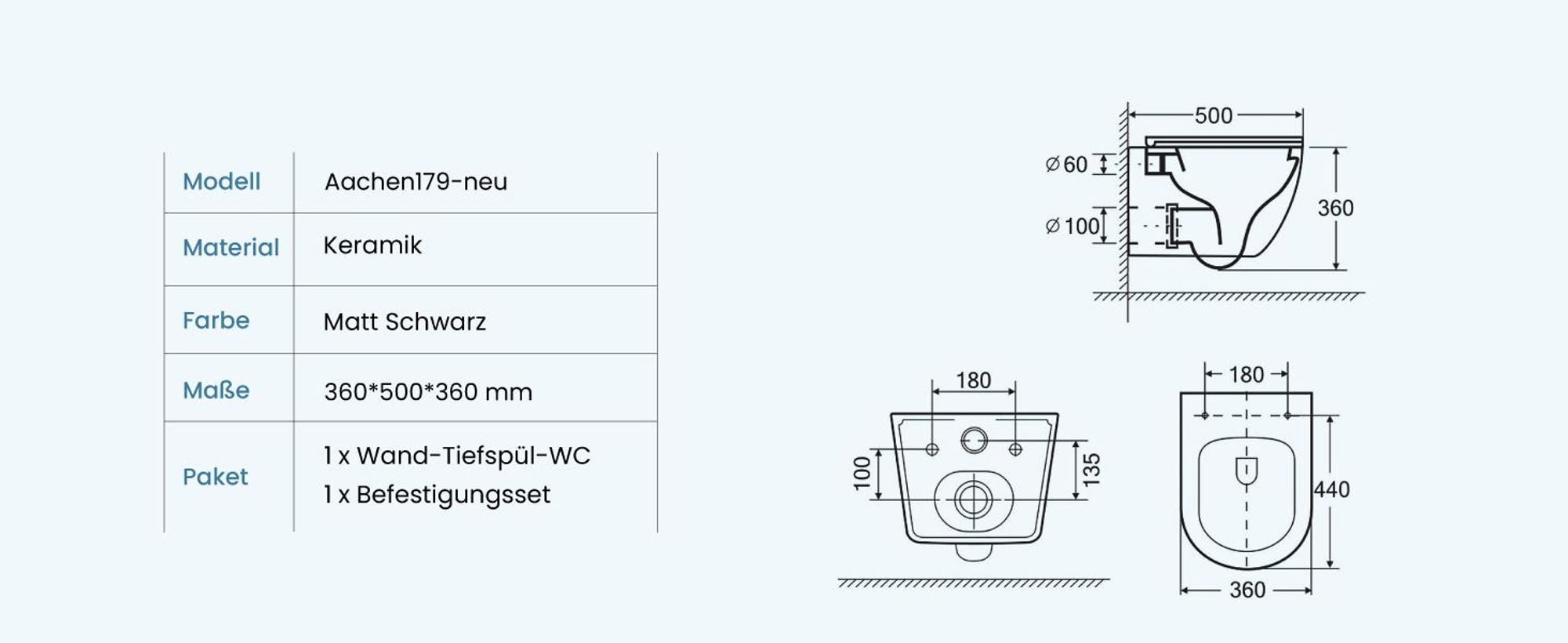 doporro Hänge-WC Spülrandlos Hänge-Toilette mit Tiefspüler inkl. Soft-Close Absenkautomatik schwarz matt aus Keramik Wandmontage Aachen179 neu