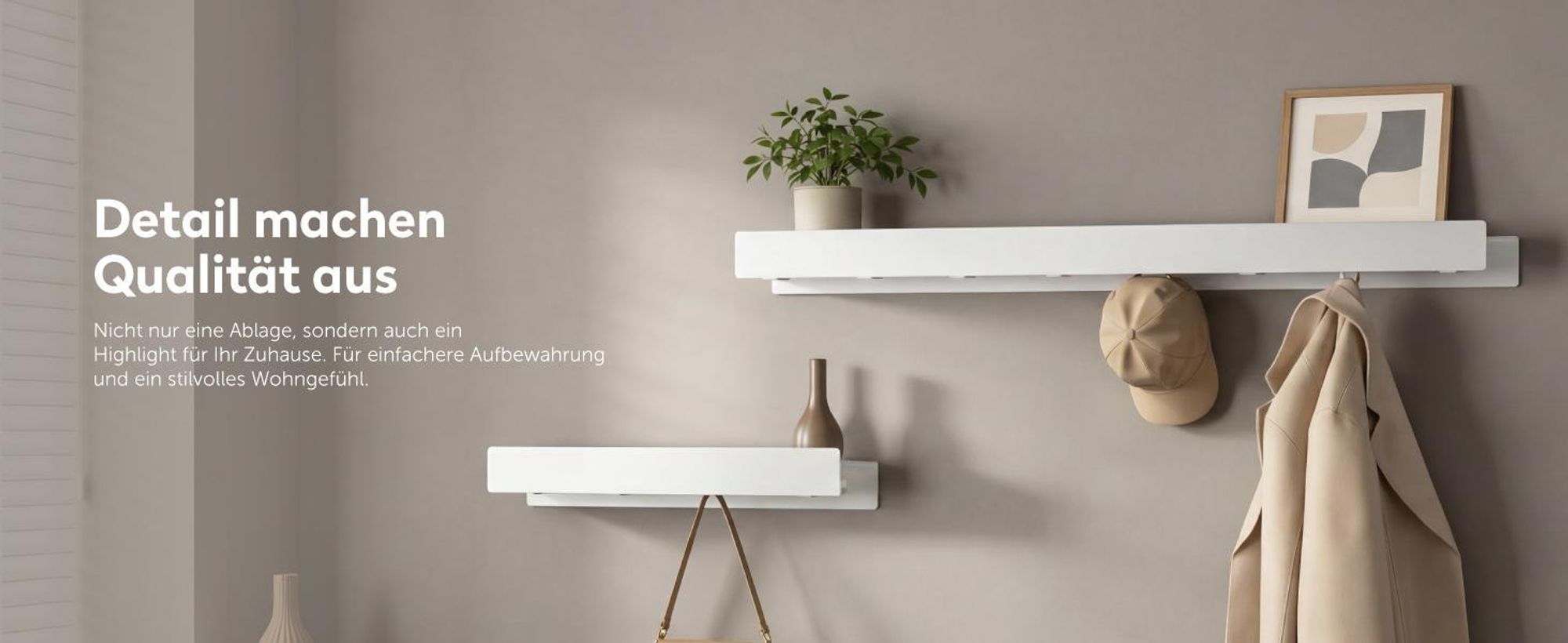 doporro Wandgarderobe mit Ablage, Garderobenleiste 60 cm mit 6 Garderobenhaken Weiß, Kleiderhaken Wand zum Schrauben oder Kleben, Stalo-11