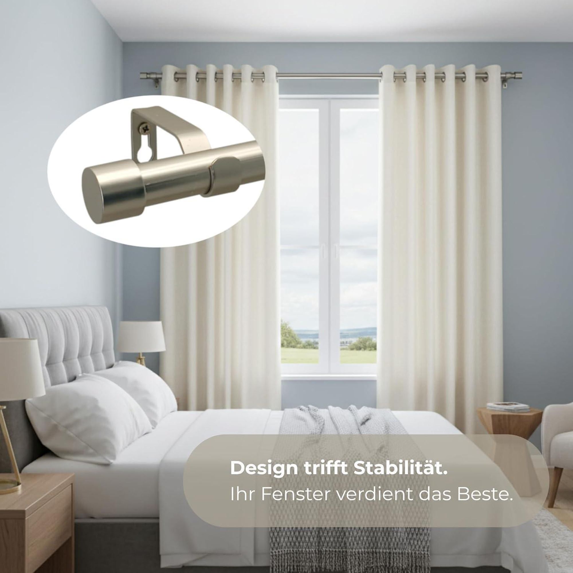 LOFT 360 cm Doppelte Gardinenstange 19 mm aus Metall mit Endstück FREZ Komplettset mit Ringen und Clips Inklusive Montagezubehörset Farbe Satin
