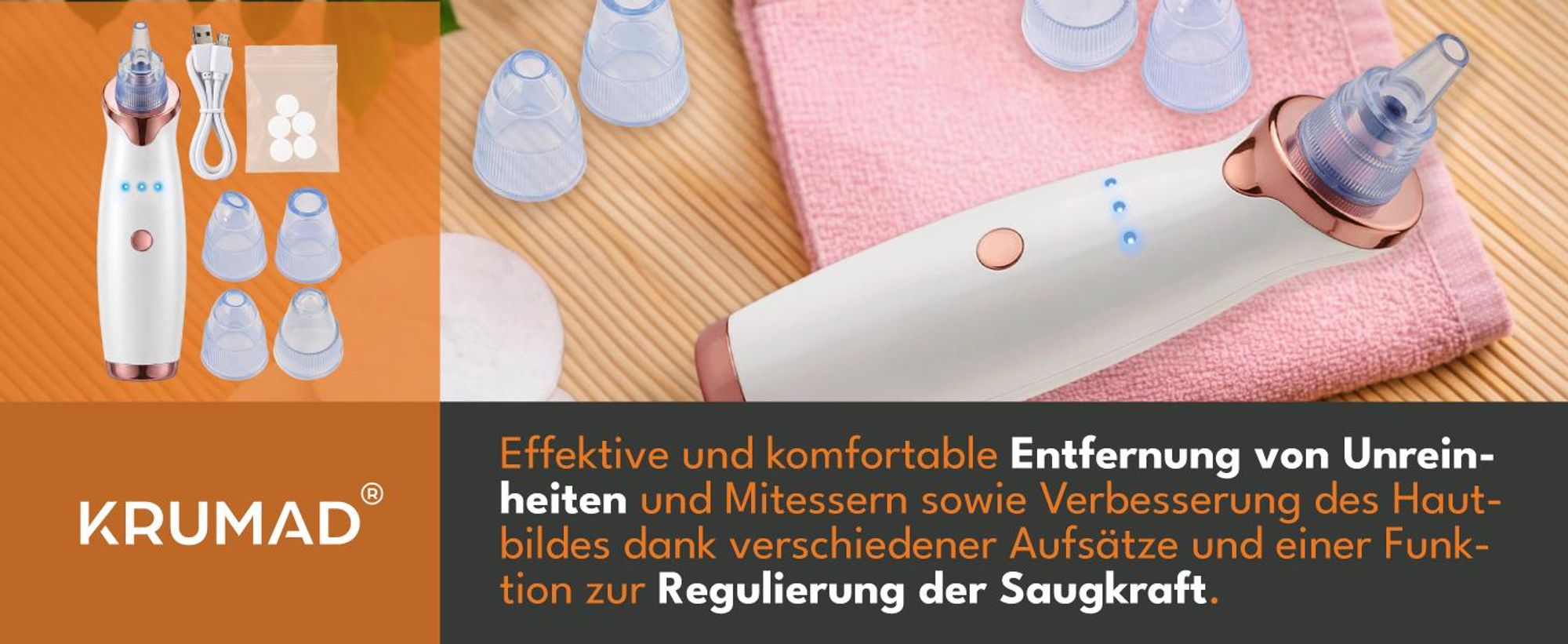 KRUMAD Mitesser Sauger 3 Stufen, Porensauger mit LED Display, 5 Aufsätze, Porenreiniger Gesicht, Mitesser Entferner, Hautreinigung Gerät
