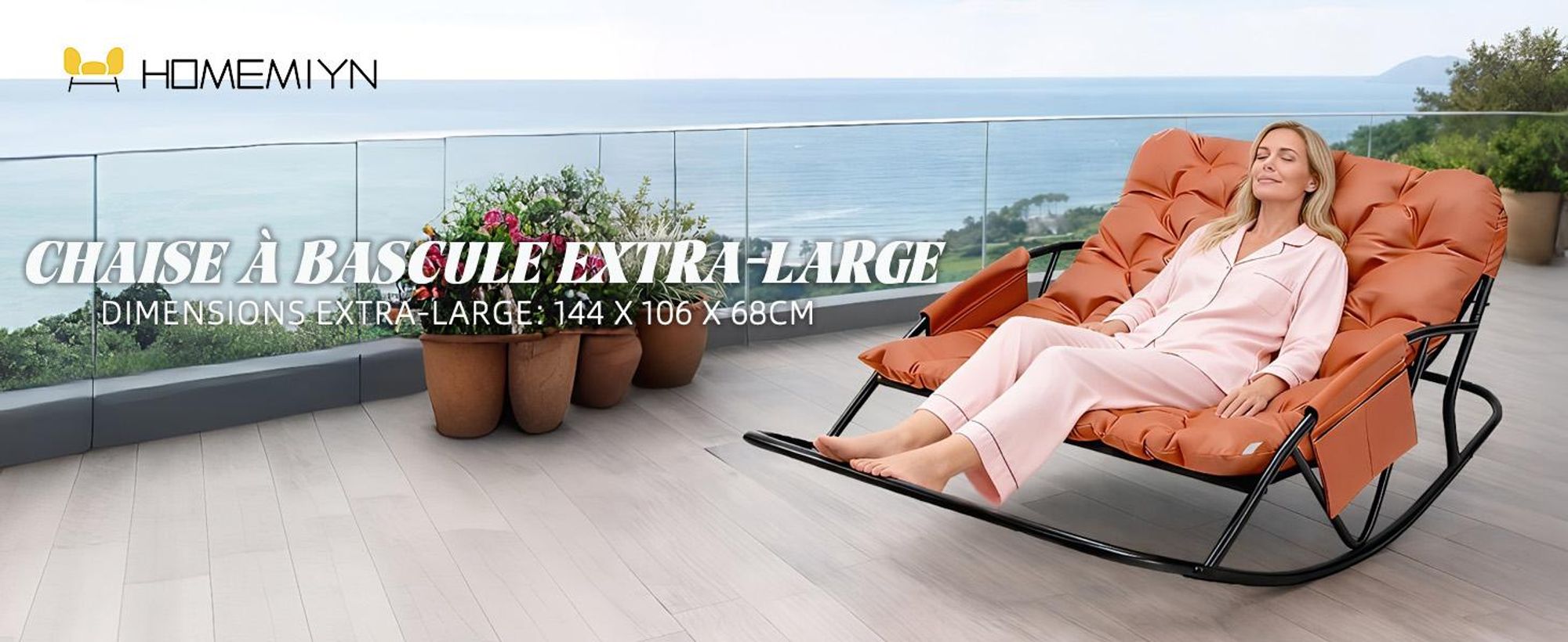 Fauteuil à bascule extérieur pour deux avec coussin et repose-pieds, chambre, salon, terrasse, jardin, balcon, 240 kg, tissu technique, orange