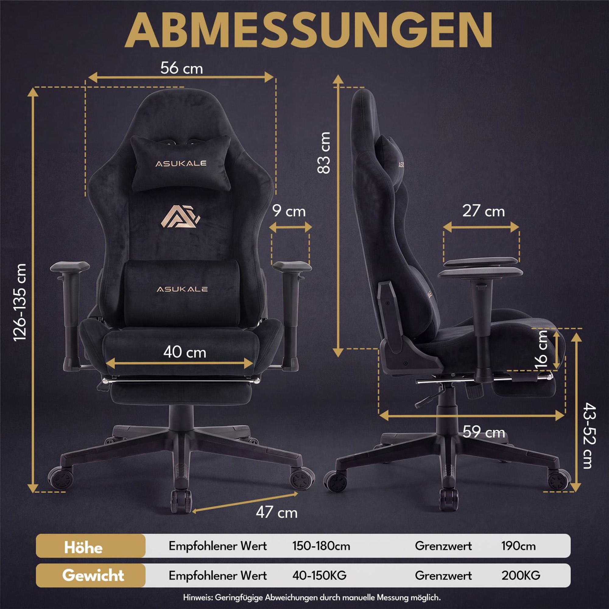 Gaming-Stuhl mit Maßangaben und Belastungswerten