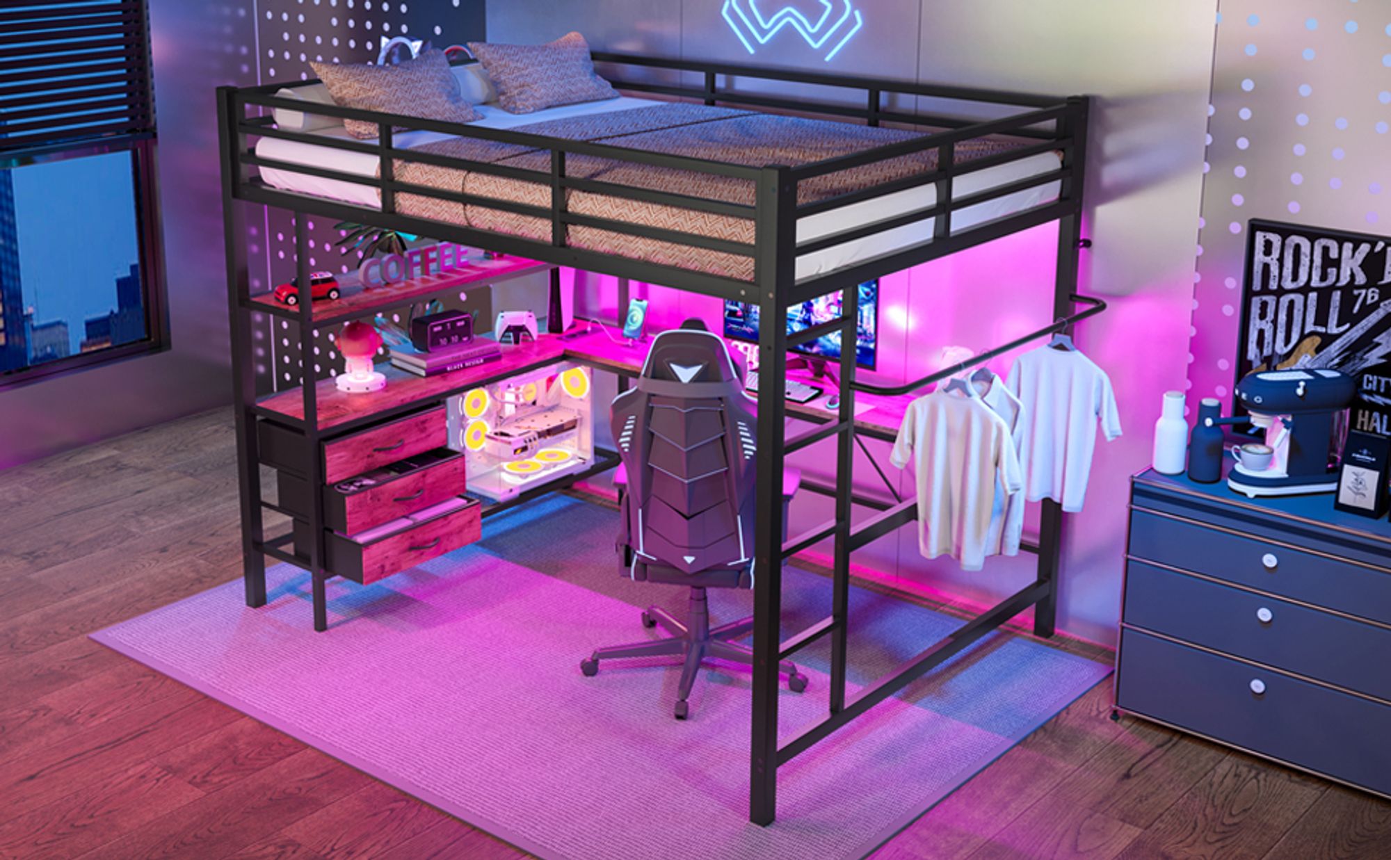 MODFU Hochbett 140x200 Jugendbett Kinderbett  mit LED-Ambientelicht, Metallbett mit Steckdose + USB,Schreibtisch und  Regale, Ohne Matratze, Schwarz