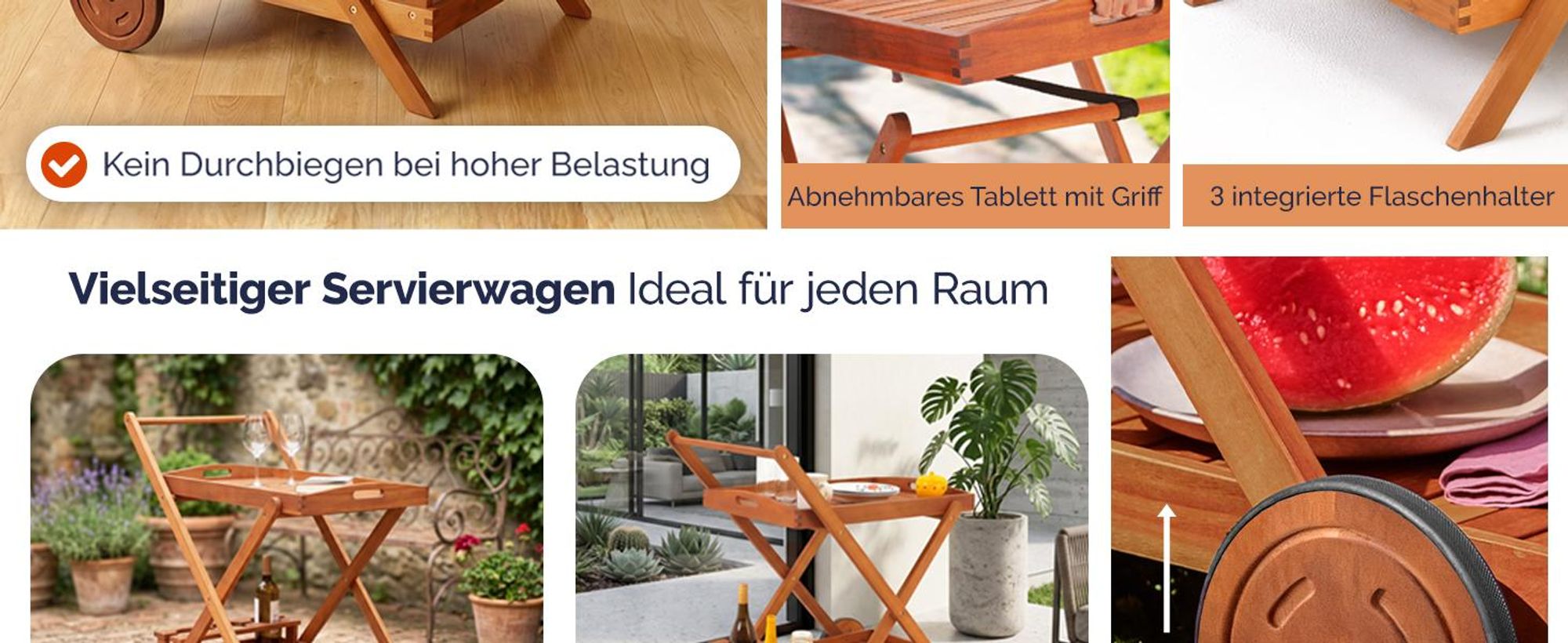 CASARIA® Servierwagen rollbar aus Akazienholz