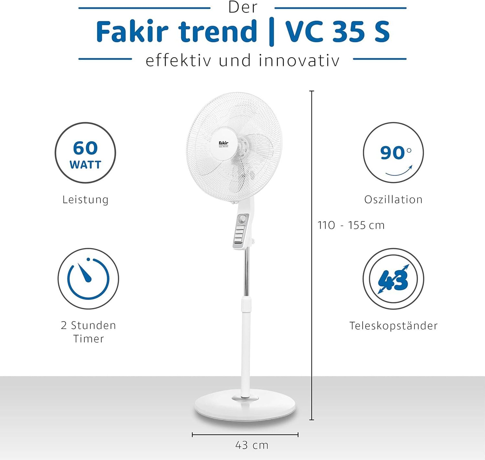 Fakir VC 35 S prestige Standventilator, 45 cm Ø, extra leise, Oszillation, verstellbar, Timerfunktion