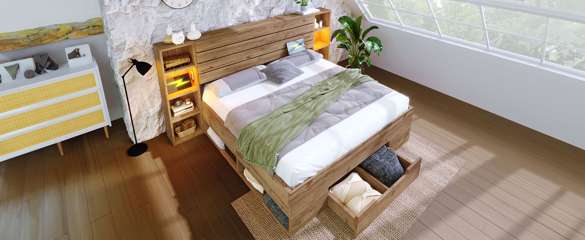 okwish Doppelbett Massivholzbett 160×200, Stauraumbett Bettanlage mit LED-Beleuchtung und USB C Stauraum-Kopfteil und Schubladen, Bettgestell Lattenrost aus Holz, Eiche (Ohne Matratze)