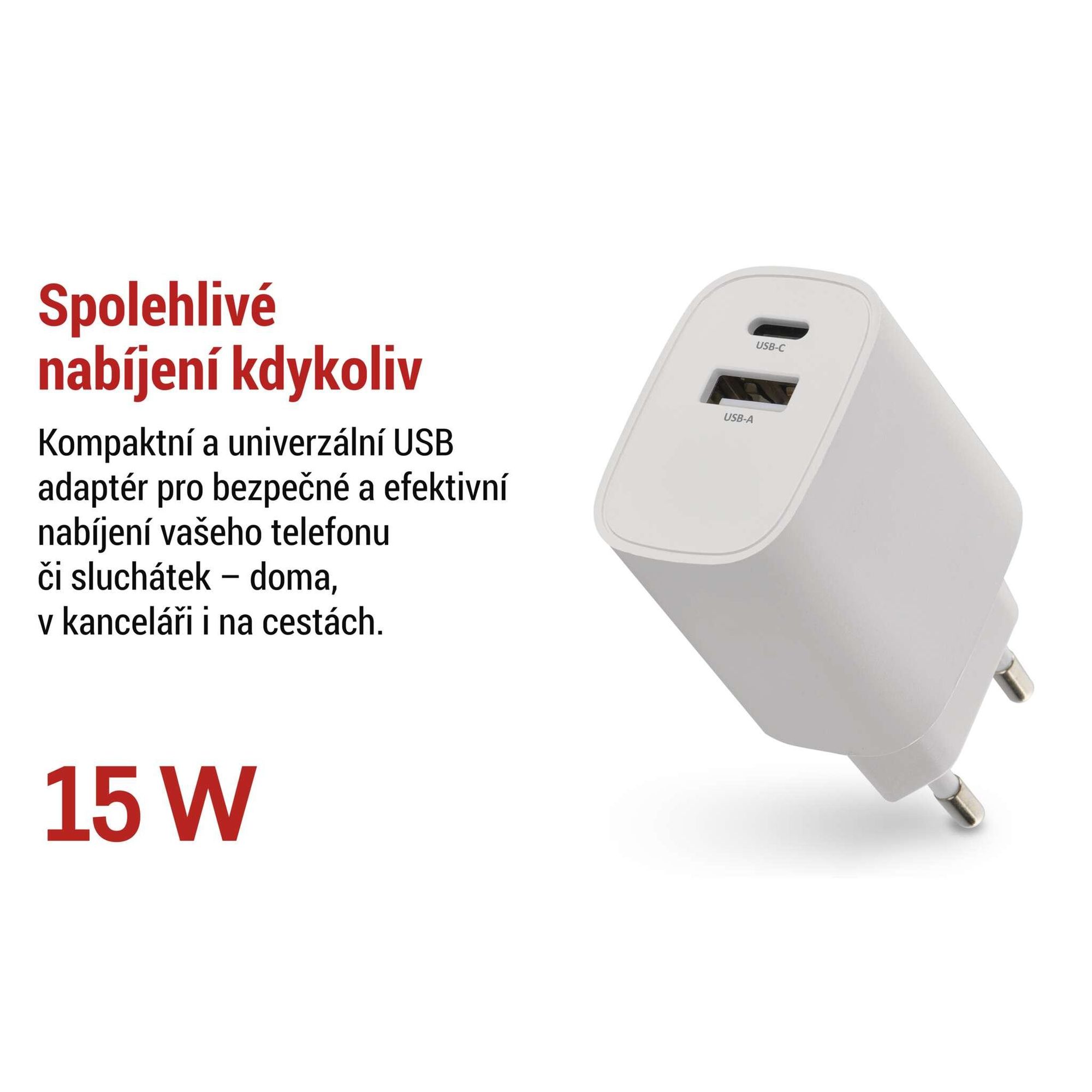 EMOS Nabíječka USB-C+A 15 W, napájecí zdroj USB bez kabelu, USB-C a typ A, pro smartphone, iPhone, dobíjecí zařízení, 5 V / 3 A, bílá, V02B15