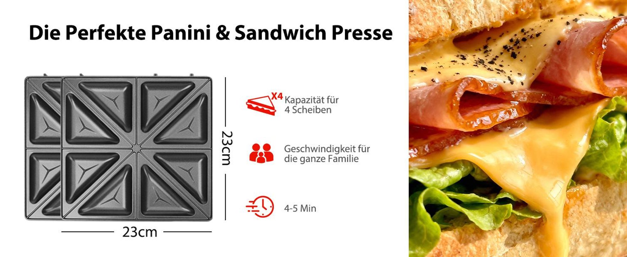 Taylor Swoden 3-in-1-Sandwichmaker, Waffeleisen Backblech für 4 Sandwiches, 180° Wendung, BPA-frei 1200W Schnelles Garen, Einfache Verwendung