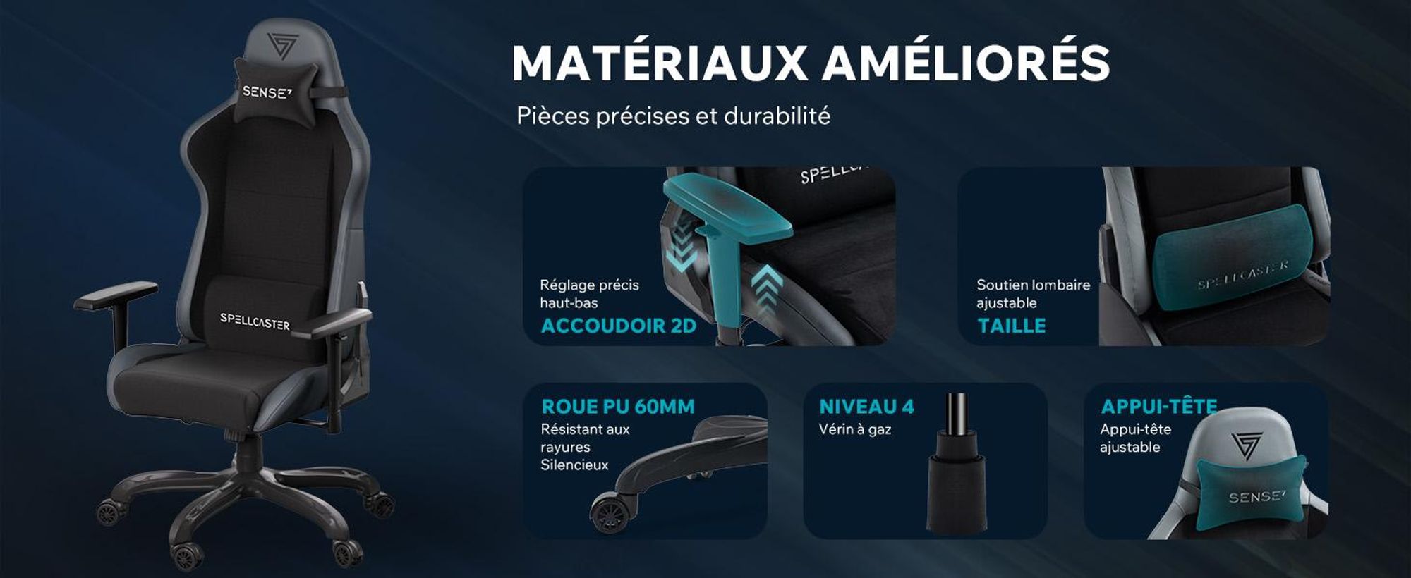 Sense7 Spellcaster FUKU Chaise de jeu, Fauteuil de jeu, Chaise de bureau, Chaise de bureau ergonomique, Chaise pivotante 120 kg Noir