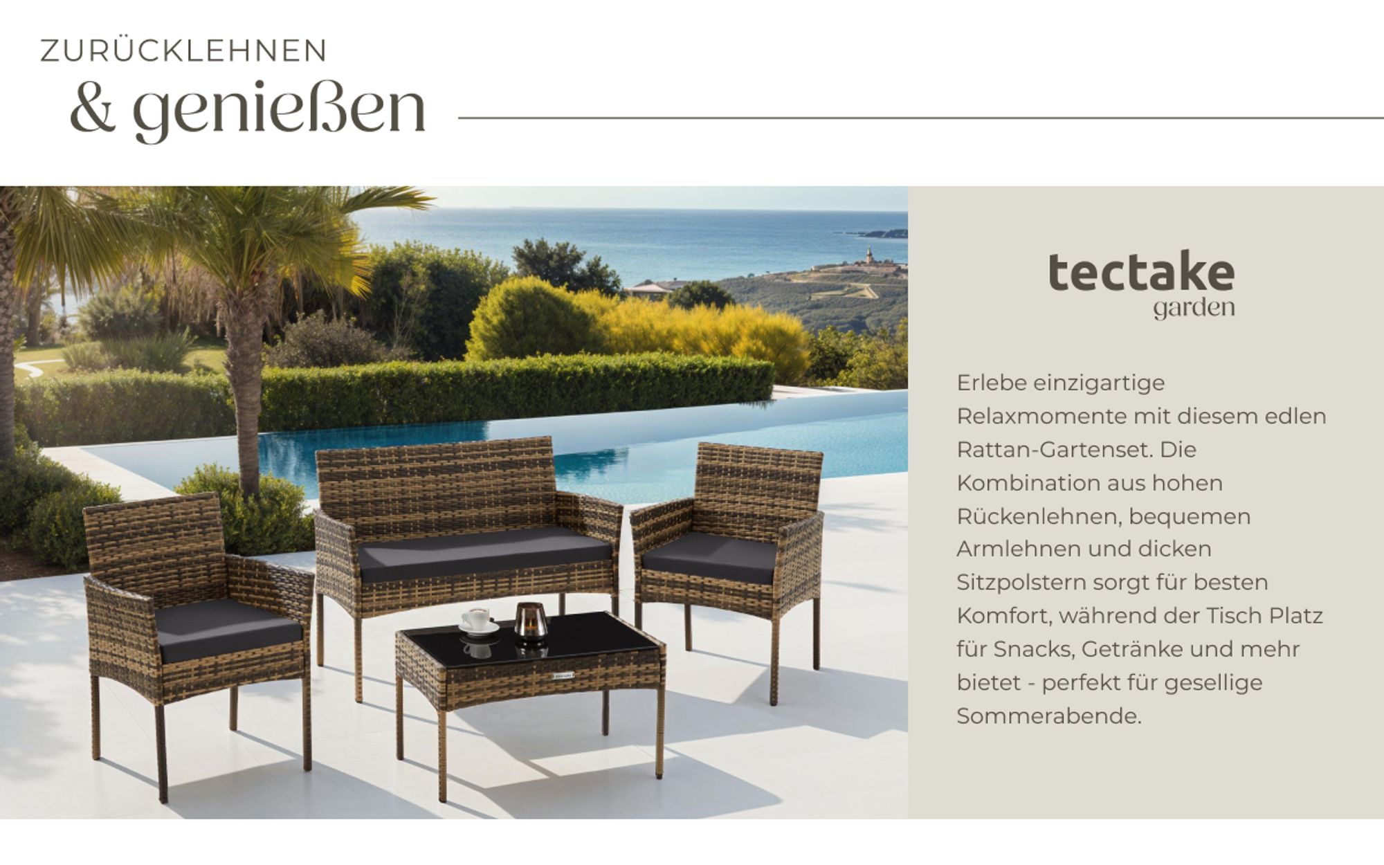 tectake® Rattan Gartenset Palese für 4 Personen