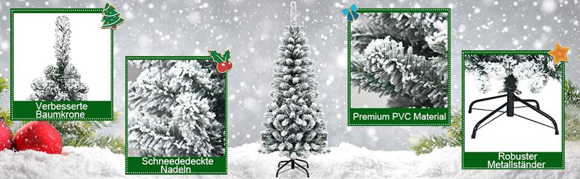 COSTWAY Bleistift Weihnachtsbaum 225cm, künstlicher Tannenbaum 641 PVC Nadeln mit Schnee, Christbaum mit Metallständer, Kunstbaum Weihnachten