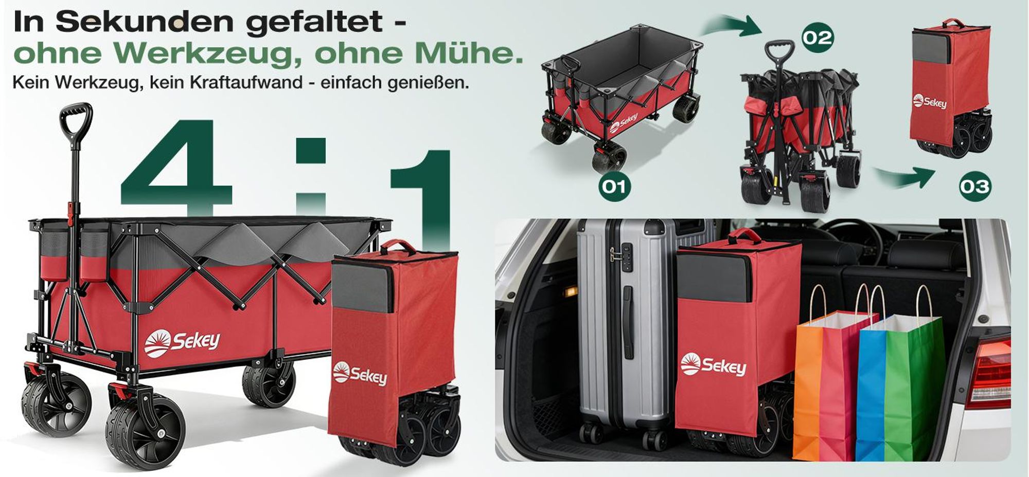 Sekey XXL Plus Bollerwagen Faltbar mit Extra Breite Räder, Faltbollerwagen belastbar 200kg Handwagen Klappbar Transportwagen, Grau und Rot
