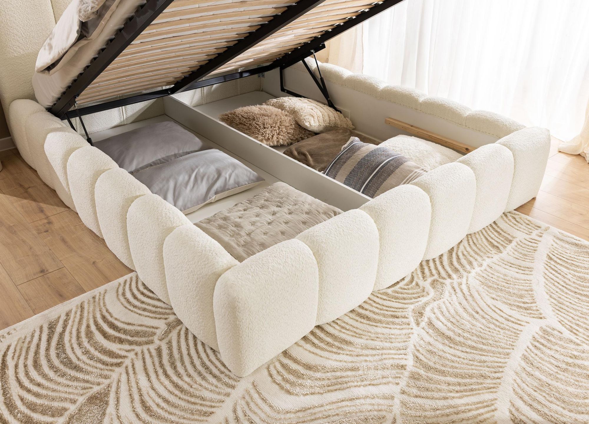 FURNISTAR Polsterbett MIA mit Bettkasten 120x200, Bubble Bett, Doppelbett mit Stauraum, Lattenrost, Boxspringbett-Optik, ohne Matratze, Weiß