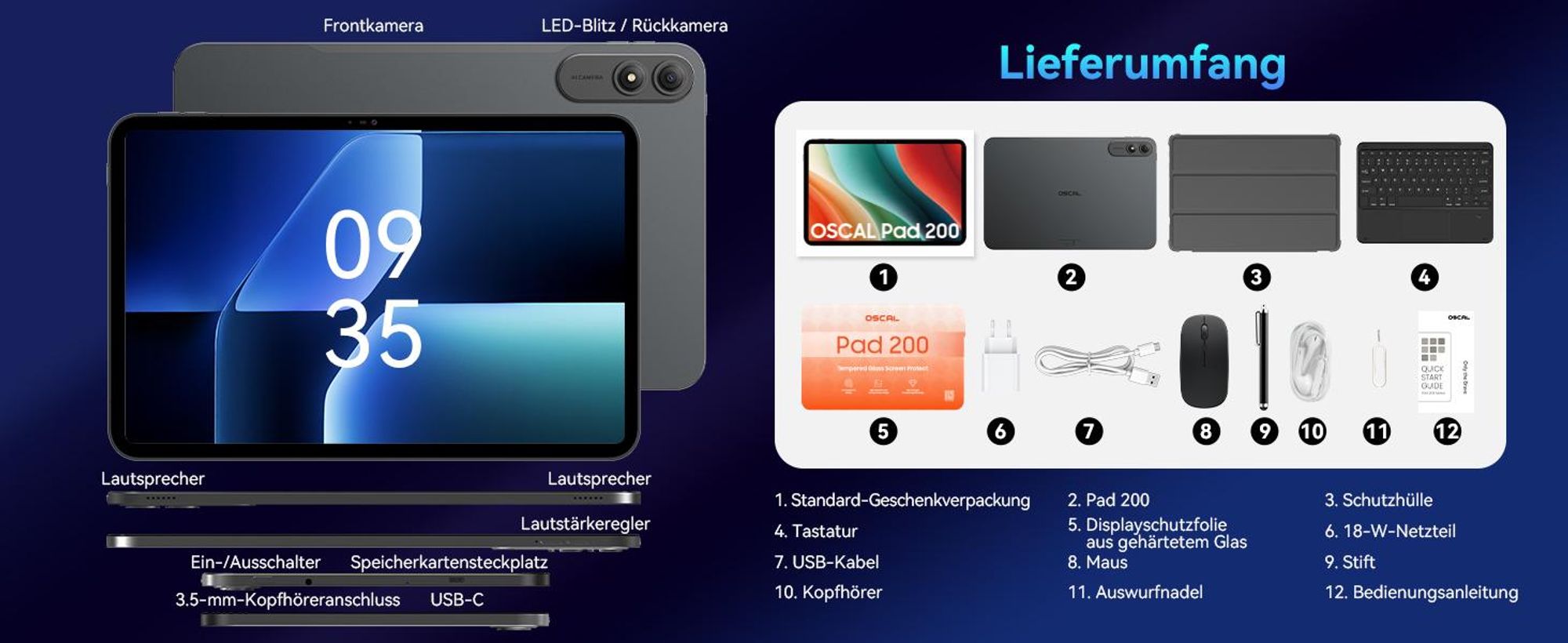 Oscal Pad 200 Tablet 13,4" 2K 120Hz Display, 24GB(6+18) RAM, 256GB ROM, Android 16, 8300mAh, 16+8MP Kamera, Slim 0,79cm/750g, Blue