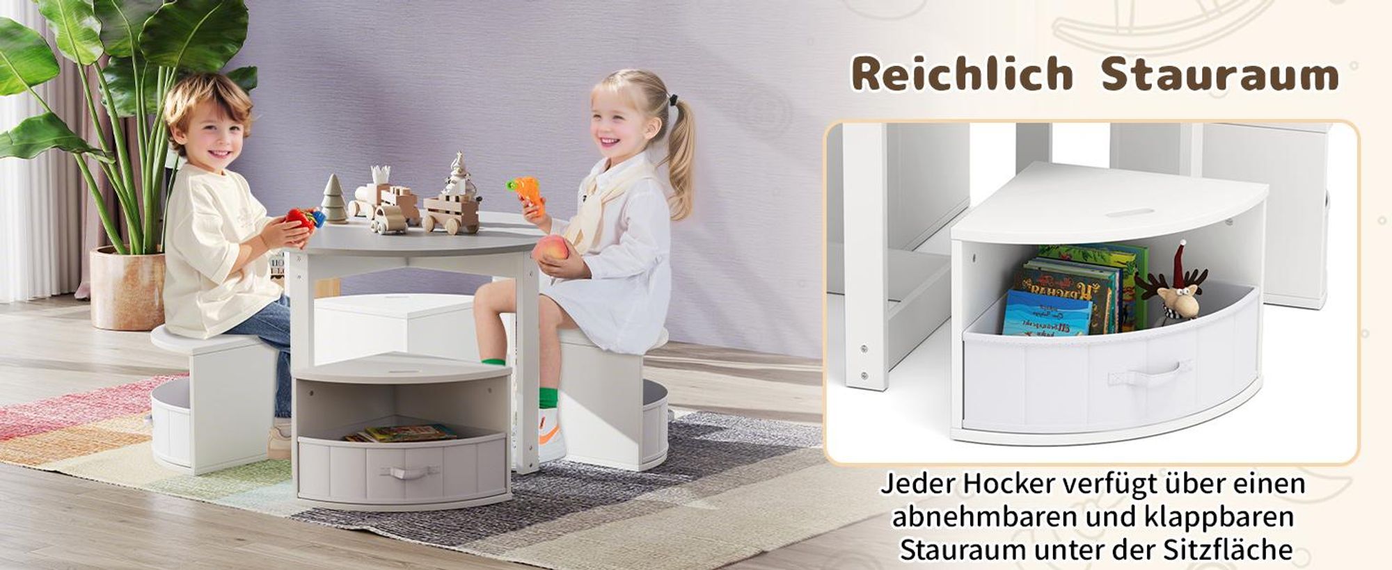 COSTWAY Kindertisch mit 4 Stühlen, Kindersitzgruppe aus Holz mit 4 Stauraumhocker & 4 Stoffschubladen, Maltisch, Sitzgruppe für Kinder ab 3+, Rosa