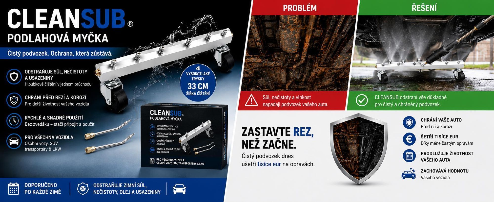 Nástavec na čištění spodní části karoserie pro vysokotlaké čističe s prodlužovací tyčí o délce 34,5 cm, čistič povrchů – CLEANSUB
