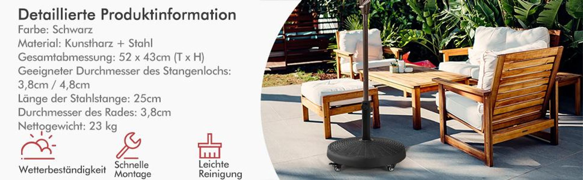 COSTWAY 23kg Sonnenschirmständer mit Rollen, Φ52cm Marktschirmständer rund, Schirmständer Balkonschirmständer für 38/48mm Gestänge Sonnenschirmfuß