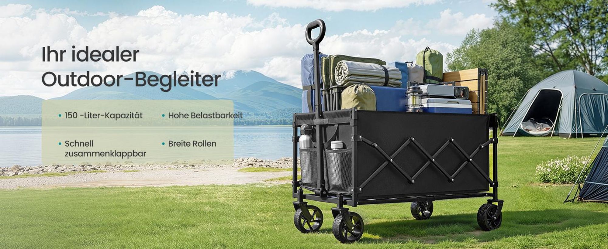 SONGMICS Faltbarer Bollerwagen, Transportwagen mit Griff, 4 verstärkte Rollen, 150 L, Outdoor, bis 150 kg, Garten, schwarz