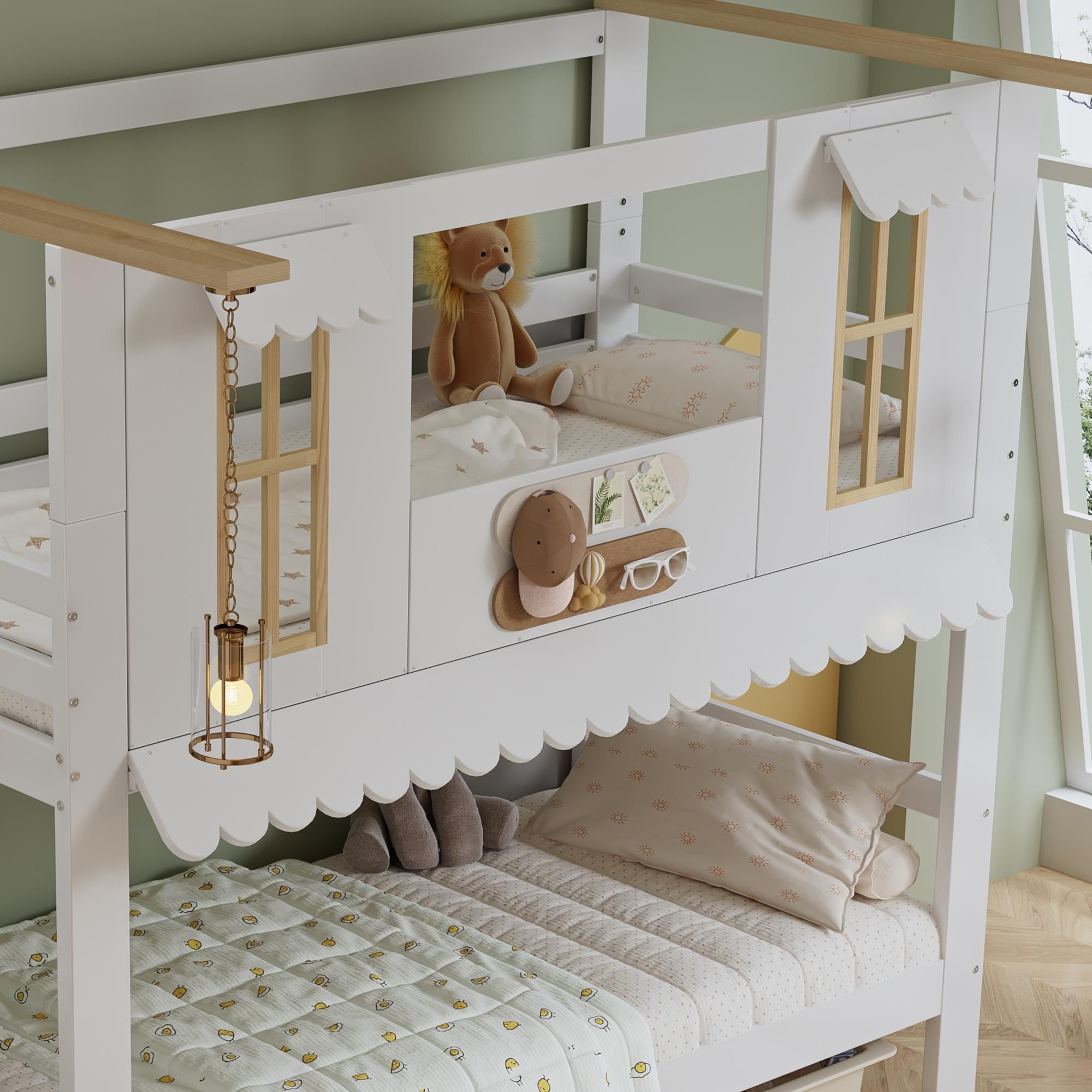 Flieks Etagenbett 90x200cm mit Rausfallschutz, Kinderbett Hausbett mit Fenster, Hochbett mit Lattenrost und Stauraumtreppe, Stockbett Weiß