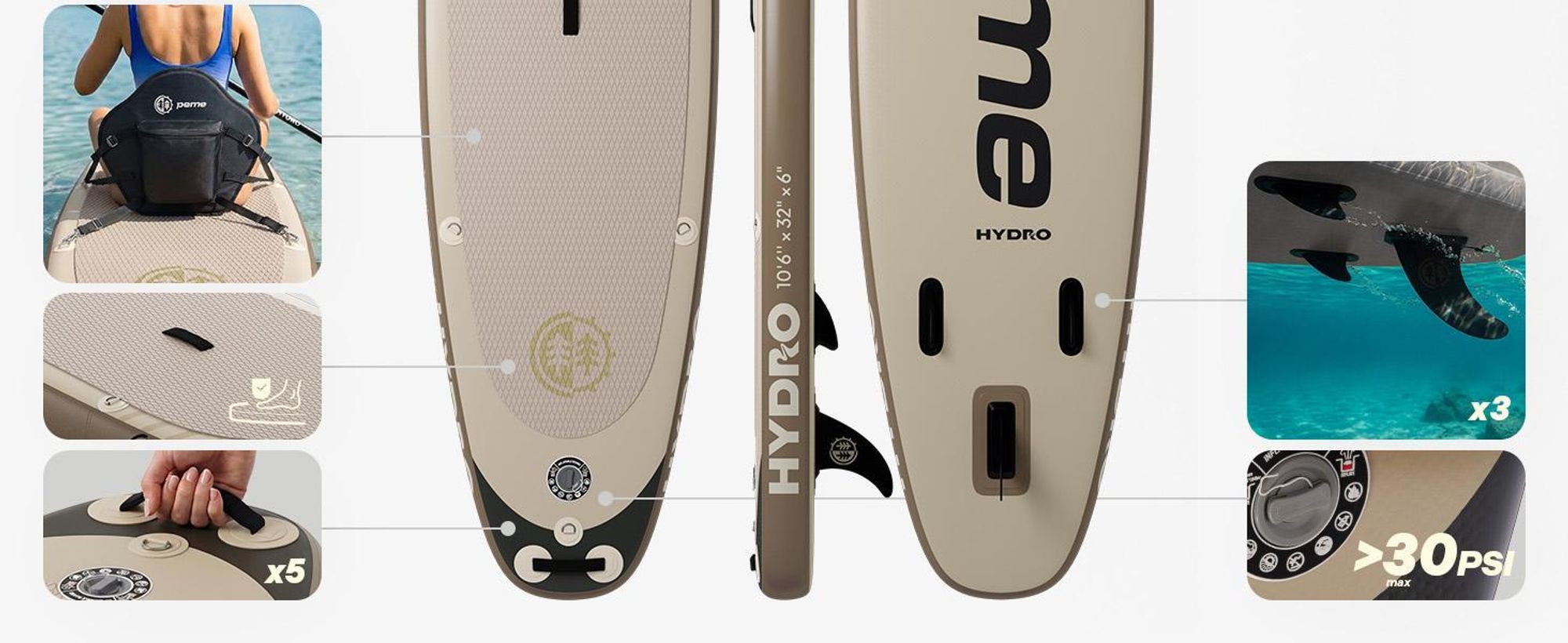 PEME Stand Up Paddle Board - Sand Storm -  350 cm - Dopple Paddel und komplette Zubehöre, SUP, Surfboard aufblasbar- Beige & Schwarz